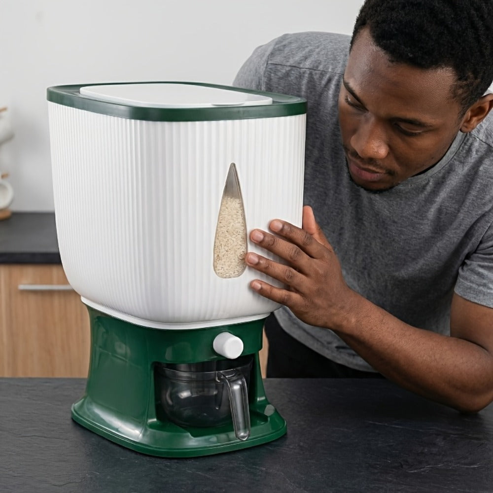 Rice Dispenser with Measuring Cup, 22LB Large Capacity 6-Chamber Sealed Grain Storage Container, Transparent Window, Moisture & Insect Resistant, One-Click Design for Rice Beans Flour Pet Food ¨C Kitchen Cabinet Organizer