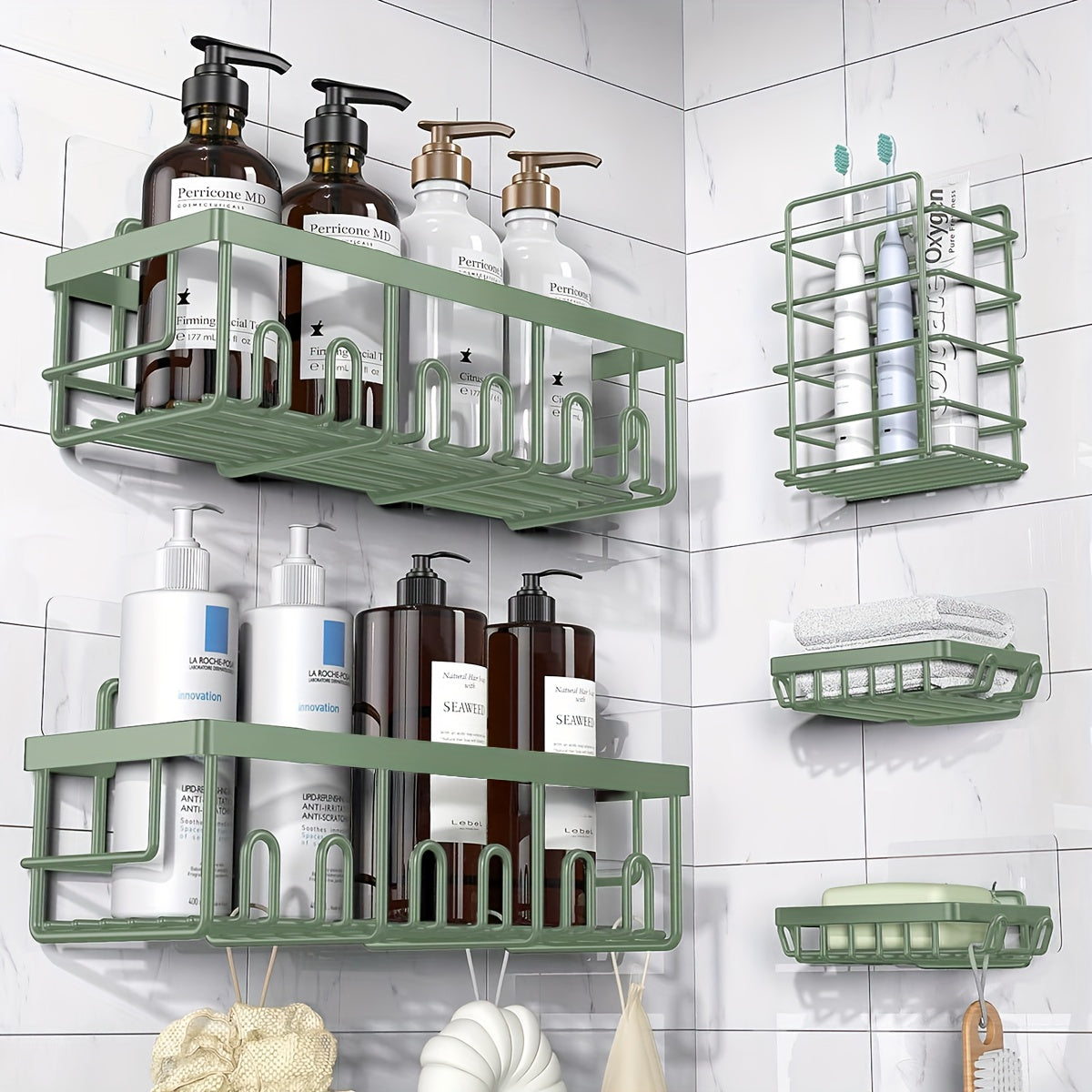 Shower Caddy Organizer 5 Pack Adhesive Rustproof Stainless Steel Shower Shelves with Soap Holder No Drilling Bathroom Storage Rack for Shower Wall Renters Apartment Kitchen Multiple Colors