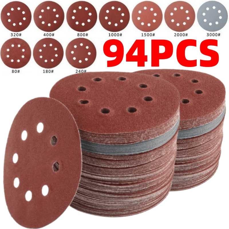 5 Inch Sandpaper 94 Pcs ¨C 8-Hole Hook & Loop Sanding Discs, Assorted Grits 80/180/240/320/400/800/1000/1500/2000/3000, Aluminum Oxide Abrasive for Car Polishing, Wood, Metal & Paint Removal (125mm)