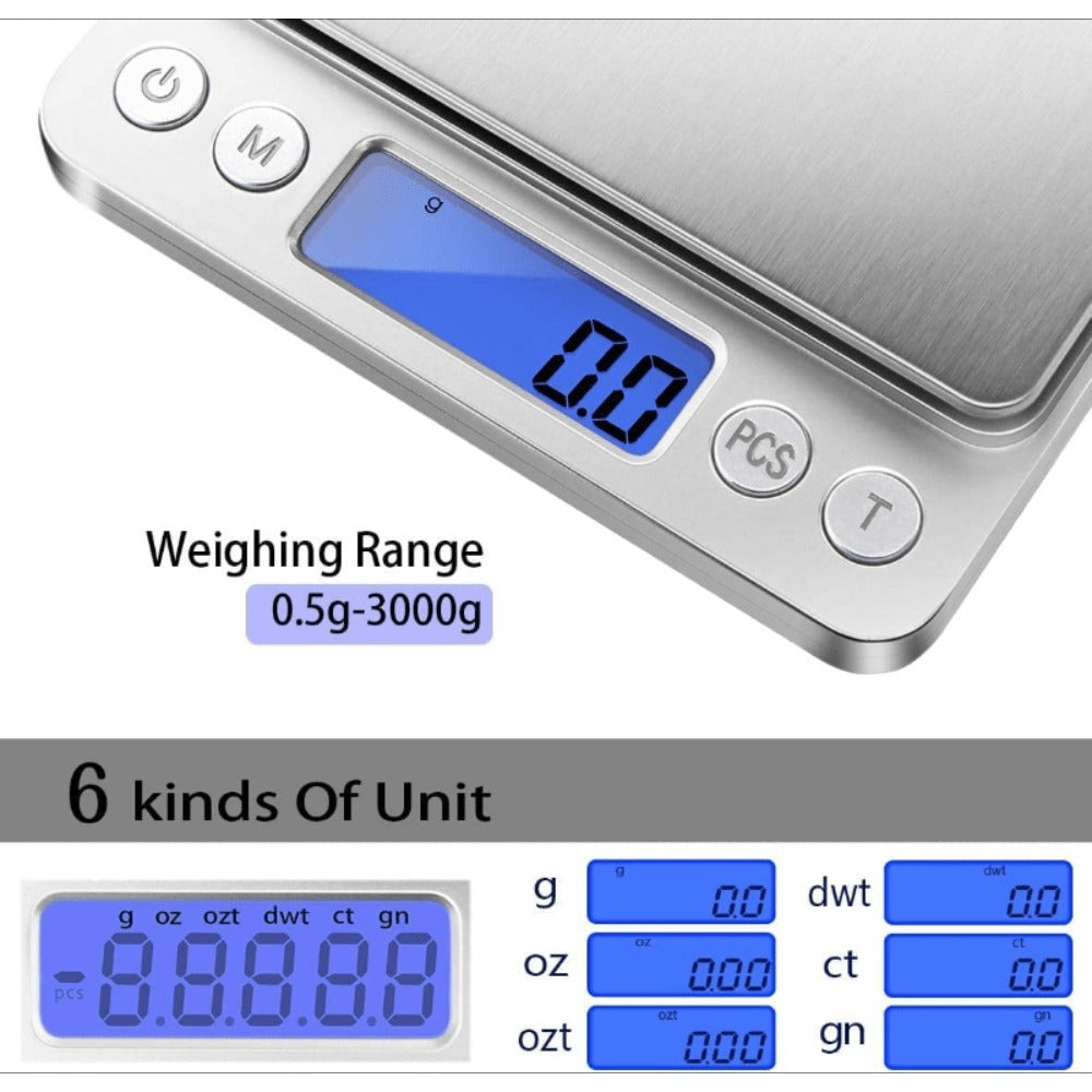 Digital Kitchen Scale Pocket Food Scale 3000g x 0.1g Accuracy, 6 Unit Modes LCD Display Tare Function, Mini Gram Scale for Food Cooking Baking Nutrition Coffee Jewelry, 2 Trays & Batteries Included