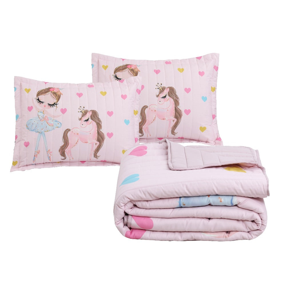 Kids Bedspread Set 3 Piece Pink Princess Pony Print Soft Comfortable Bedspread with 2 Pillowcases Girls Bedroom Decor Christmas Halloween Gift Core Not Included