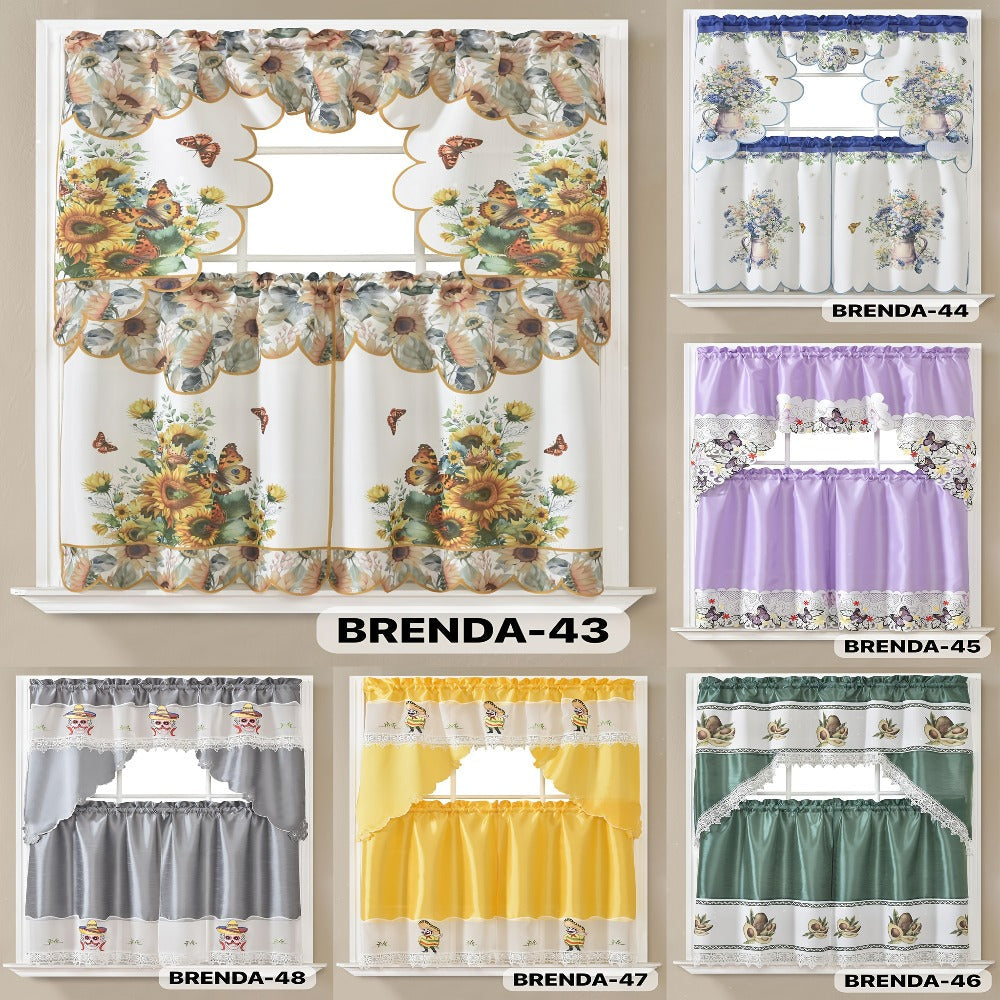 Kitchen Curtains 3 Piece Set Embroidered Satin Valance and Tiers - Rod Pocket Light Filtering Machine Washable 46 Colors Available All Season Home Decor