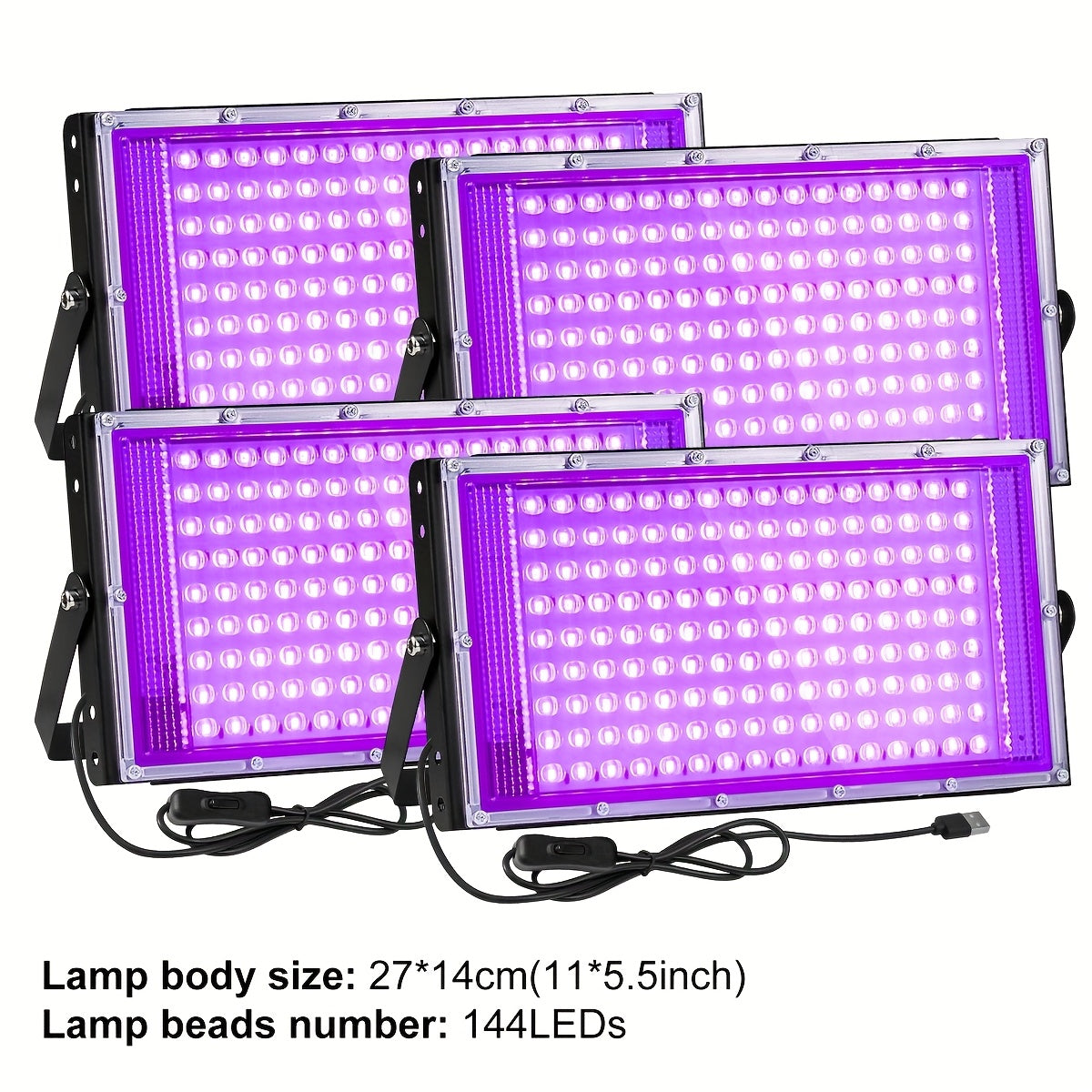 UV Black Light Flood Light 144 LED 385-400nm with USB Plug & Switch ¨C Glow in the Dark Effect for Halloween Party Stage Lighting Body Paint Neon Poster Blacklight, Durable Plastic, 4 Pack