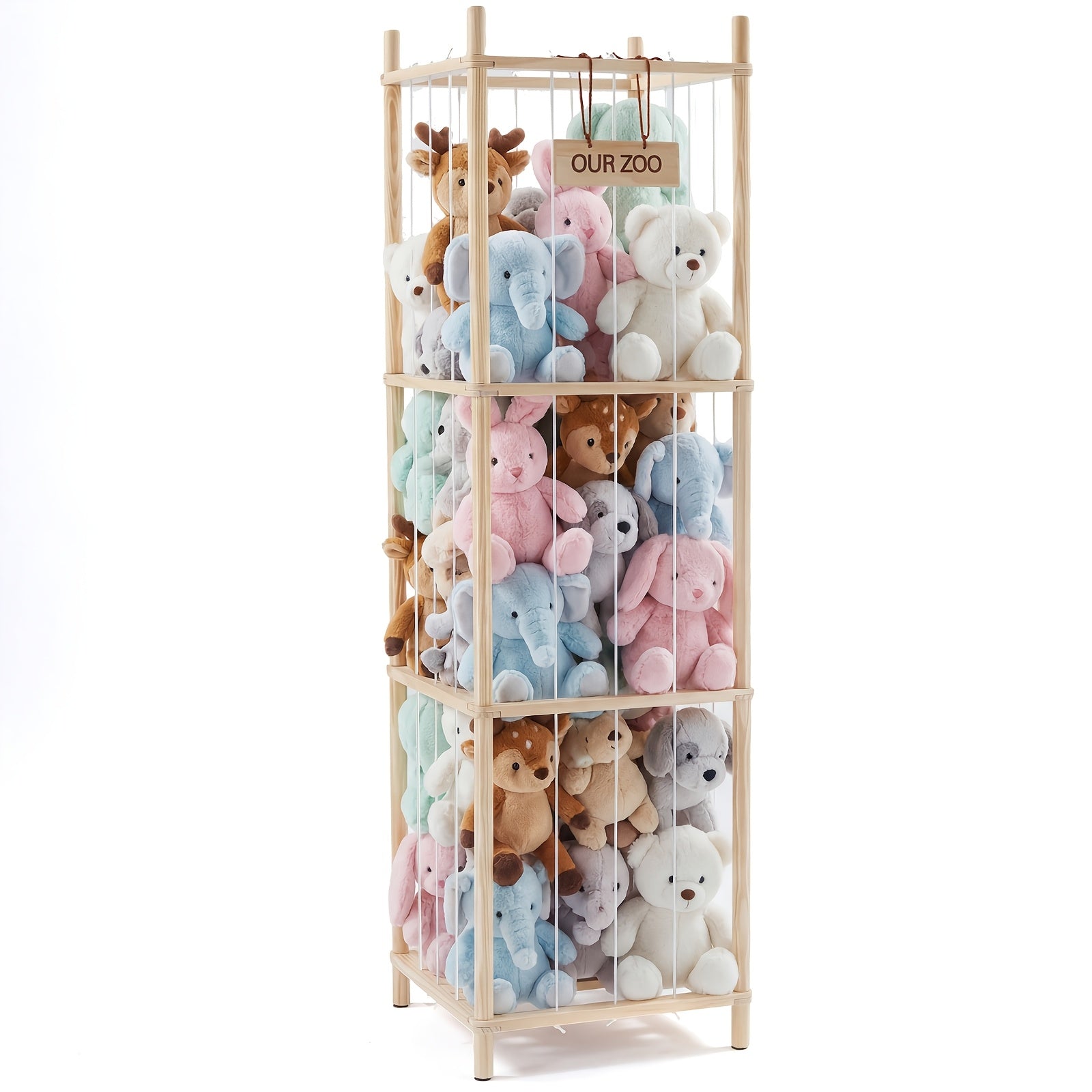 Wooden Stuffed Animal Storage Organizer for Kids Large Plush Toy Holder Zoo Space Saving Display Rack for Playroom Bedroom Nursery Natural White Pink