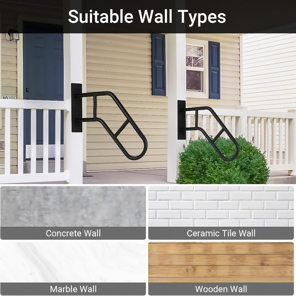 Stair Handrail Outdoor Anti-Slip Wall Mounted for 1-3 Steps ¨C U-Shaped Carbon Steel Grab Bar, 600 lb Capacity, Rust-Resistant, for Porch, Garden, Bathroom ¨C Safe for Elderly, Kids, Disabled & Pregnant