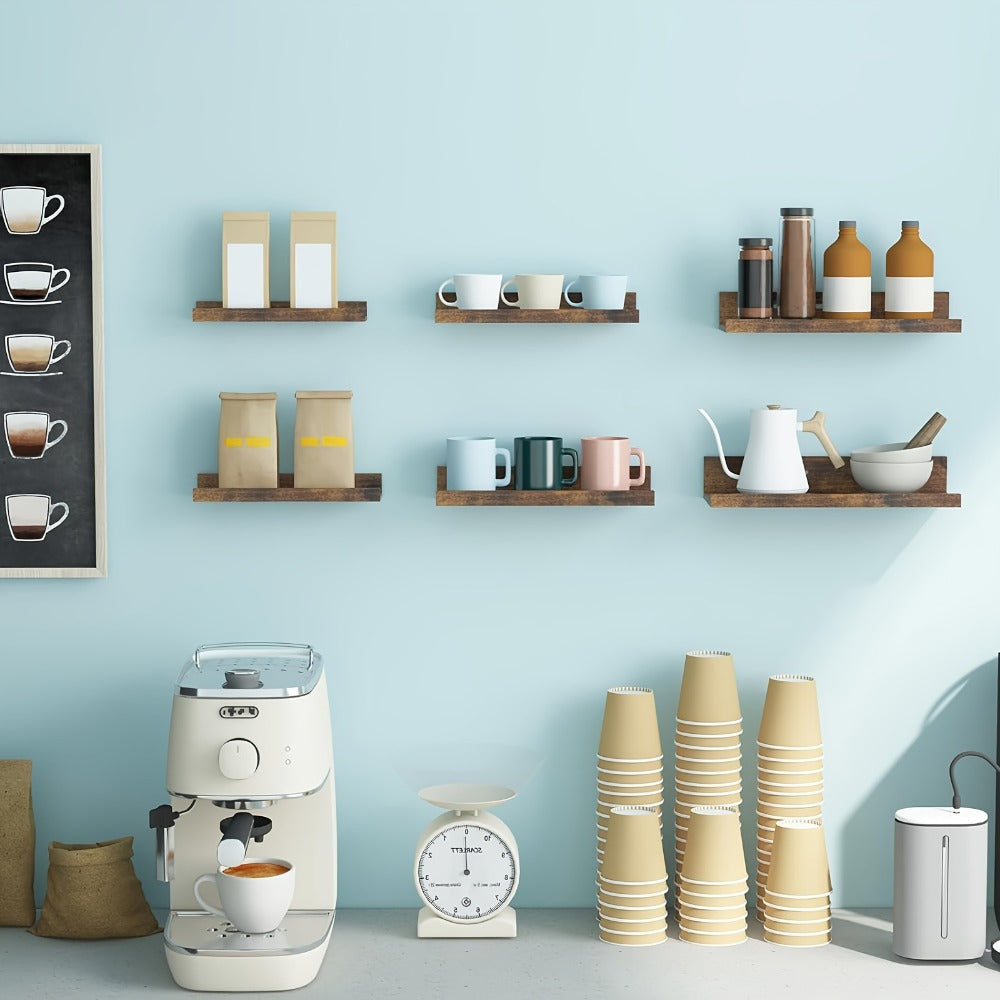 Floating Shelves 6pcs Set Wall Mounted Shelves 6 Different Sizes | Heavy Duty Shelf for Home Decor Bathroom Bedroom Living Room Space Saving Storage White Brown Black