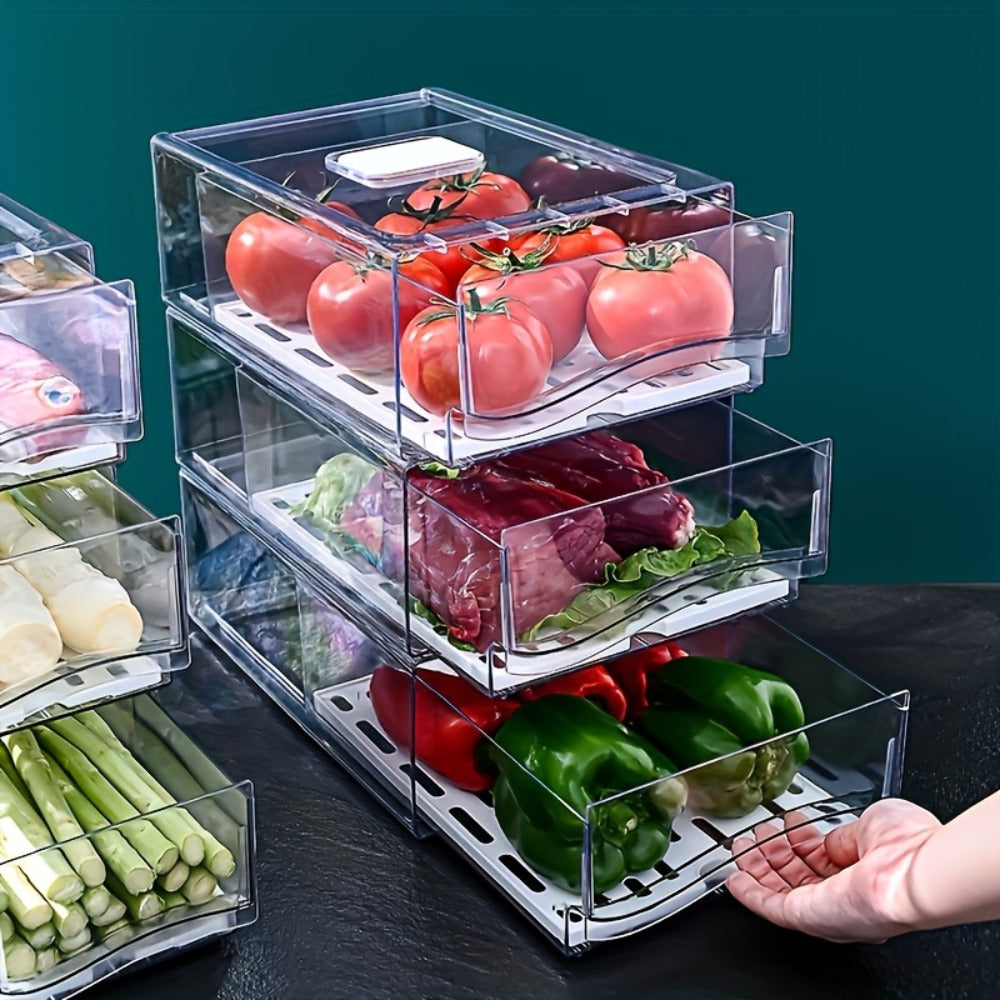 Stackable Fridge Organizer Bins with Drawer, BPA-Free Refrigerator Storage Containers with Drain Board & Ventilation, Clear Food Storage Bins for Kitchen Pantry Freezer, Set of 2