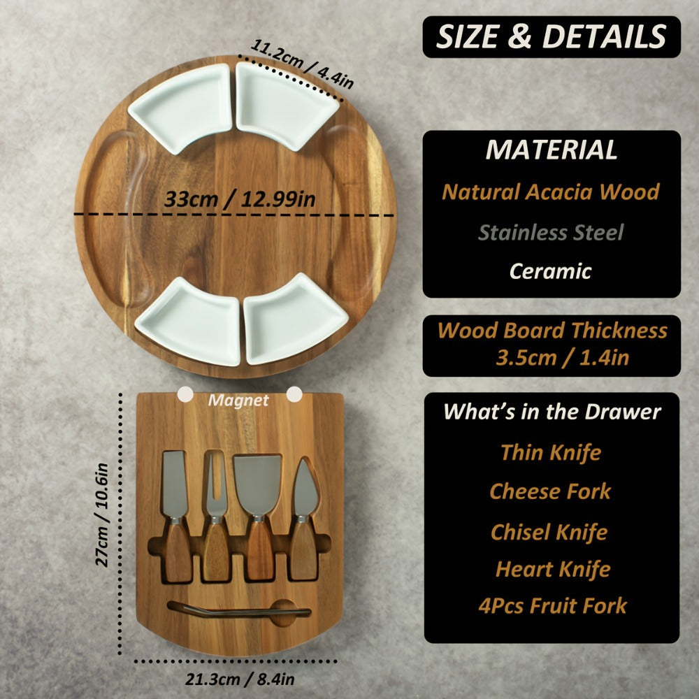 Acacia Wood Charcuterie Board Set Circular Cheese Board with Drawer Knife Set & Ceramic Bowls | Premium Serving Platter Gift Set for Housewarming Bridal Shower Wedding Birthday Women 13x13 Inch