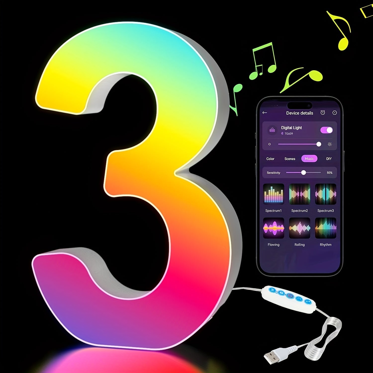 LED Letter Lights Music Sync - Colorful Flashing Marquee Alphabet Lights for Room Decor, Party, Bedroom, Festival & Camping, Numbers 0-9 & A-Z & Symbols Available, Night Light Wall Decoration