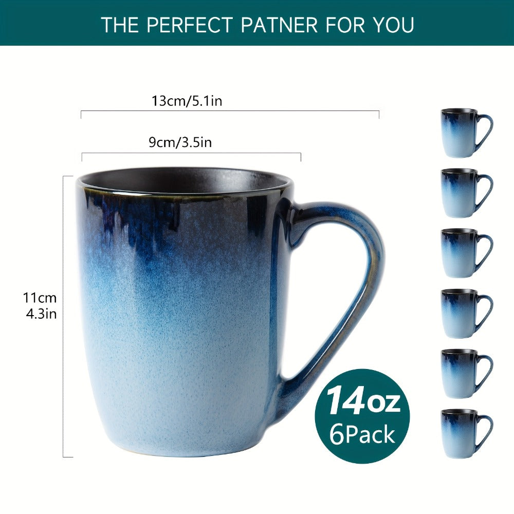 Gradient Blue Ceramic Mugs Set of 6 ¨C 14 Oz Reaction Glaze Coffee Mugs ¨C Durable Stain-Resistant Unique Design ¨C Perfect for Coffee, Tea & Gifting at Weddings, Parties & Holidays