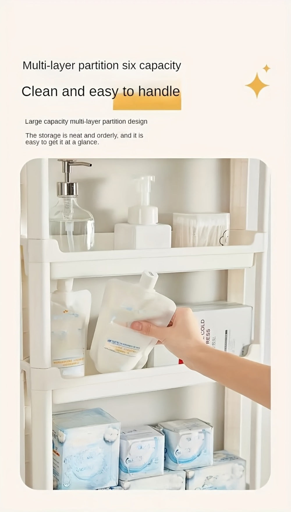 Behind Door Storage Rack, Multi-Layer Slim Organizer for Bathroom & Kitchen, Space Saving Over Door Shelf, Narrow Cabinet Rack with Fixed Hook, Plastic Stackable Storage
