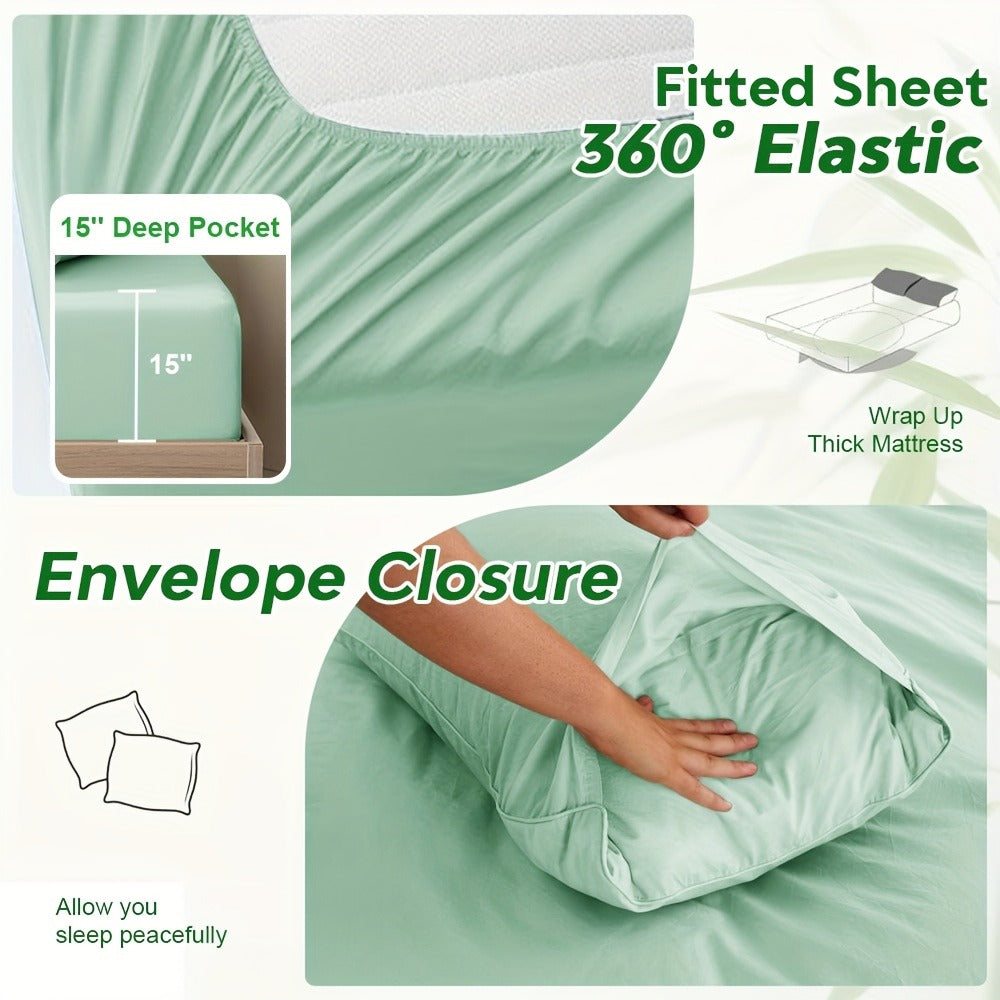 Bamboo Blend Bed Sheet Set 6pcs ¨C Flat Sheet, Fitted Sheet & 4 Pillowcases, Ultra Soft Lyocell Viscose Breathable Bedding for Hot Sleepers, Deep Pocket Twin Full Queen King, 11 Colors