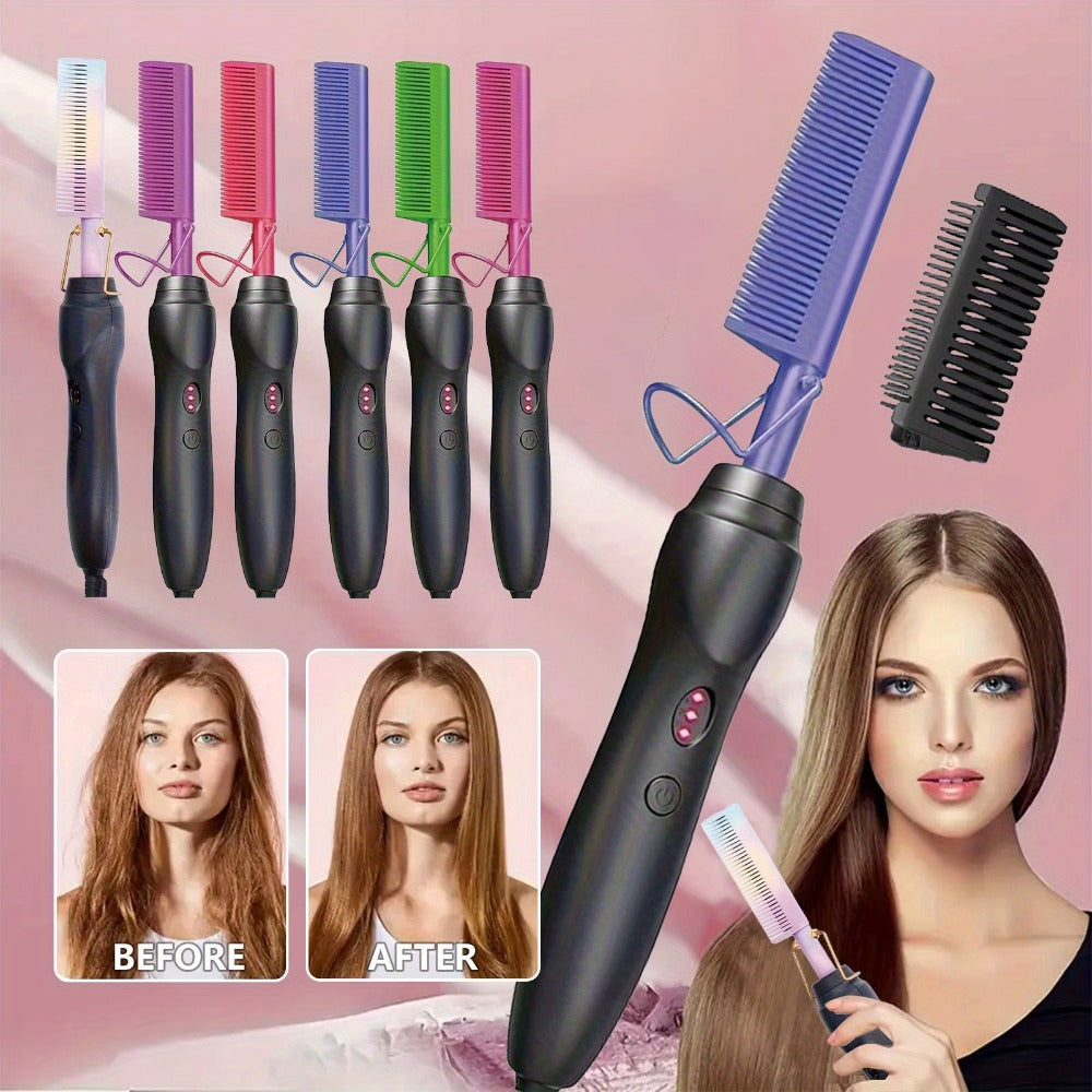 Electric Hot Comb Hair Straightener ¨C 3-in-1 Ceramic Pressing Comb for Natural Hair, Beard & Wigs, Curling & Straightening Iron with Protective Holder, Bonus 2 Clips & 1 Comb, Gift Ready