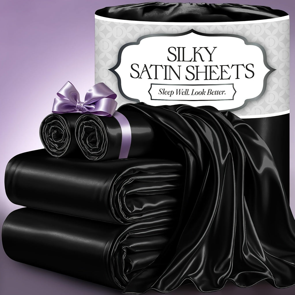 Satin Bed Sheet Set 4-Piece, Cooling Silky Soft Microfiber Sheets with Deep Pocket Fitted Sheet, Flat Sheet & 2 Pillowcases, Breathable Lightweight Bedding for Twin Full Queen King
