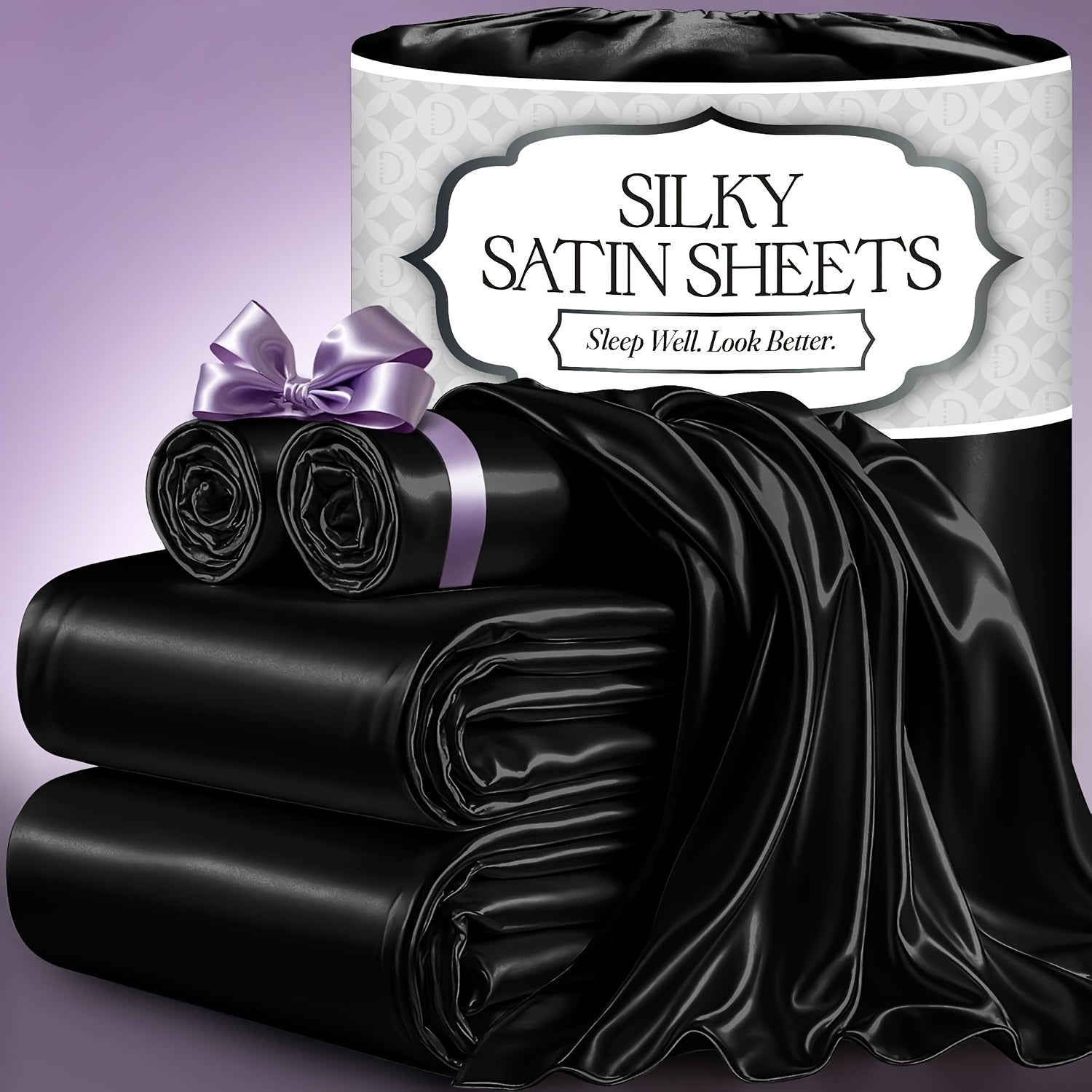 Satin Bed Sheet Set 4-Piece, Cooling Silky Soft Microfiber Sheets with Deep Pocket Fitted Sheet, Flat Sheet & 2 Pillowcases, Breathable Lightweight Bedding for Twin Full Queen King
