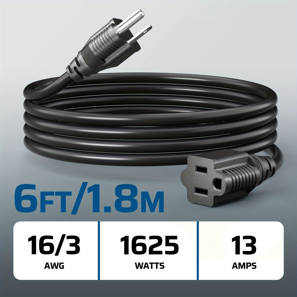Extension Cord 3-Pack 6ft Heavy Duty 16/3 SJTW Indoor Outdoor Cable 13A 125V 1625W Rated Moisture Resistant Flexible Black for Home Office Garden