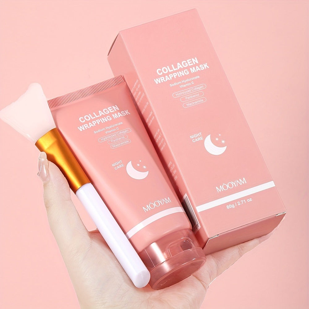 Collagen Night Mask Korean Skincare ¨C Gel Face Mask with Applicator Brush, Hydrolyzed Collagen, Niacinamide, Vitamin C & Hyaluronate for Hydration & Plumping, Paraben-Free, 80g (MOOYAM)
