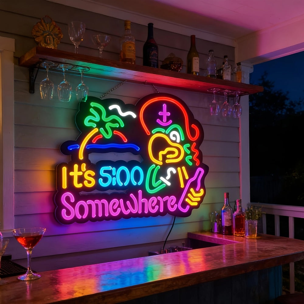 Neon Light Sign Beer O'Clock It's 5 O'Clock Somewhere Bar Sign LED Wall Decor for Man Cave Home Bar Pub Game Room Party Birthday Bedroom Window Decoration Gift