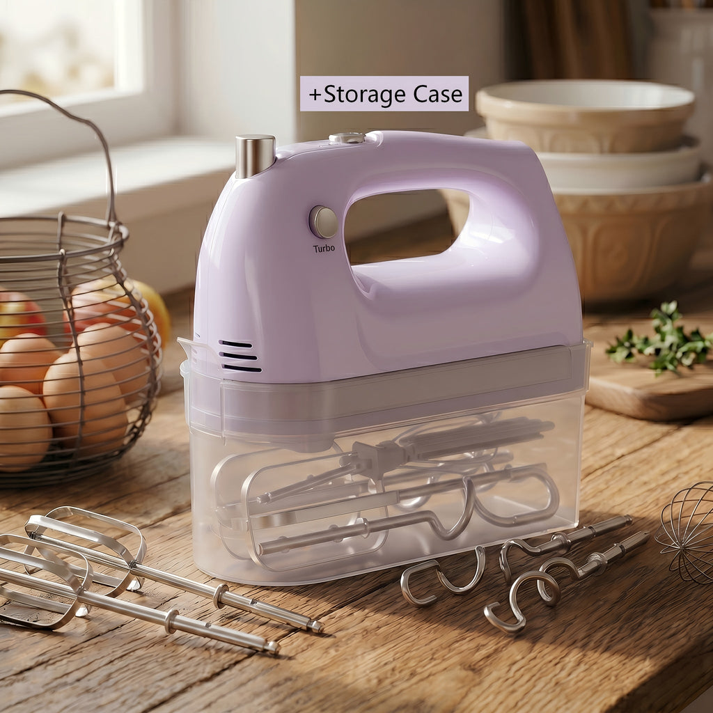 Electric Hand Mixer 5 Speed Turbo Boost - 5 Stainless Steel Accessories, Optional Storage Case, Handheld Mixer for Cookies, Cake, Bread & Baking, Kitchen Gift in 5 Colors Pink Green Purple Black