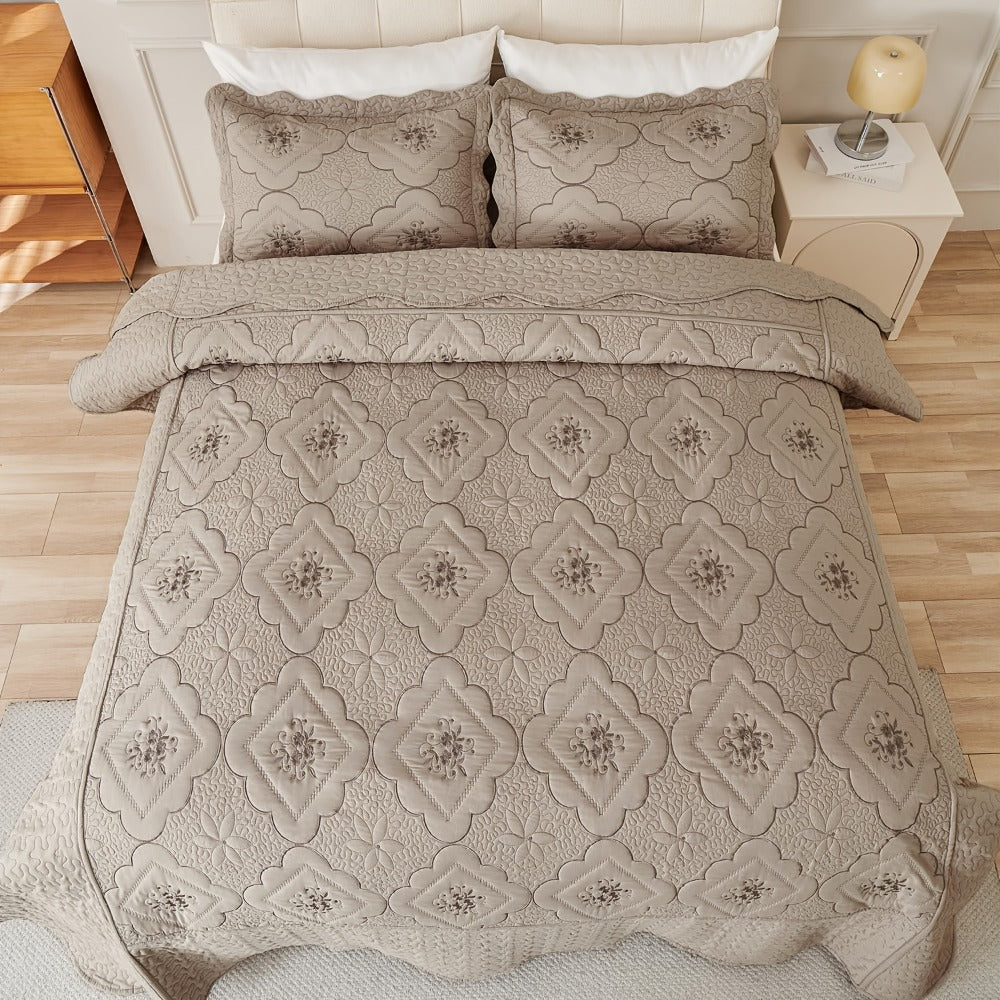 Quilt Set 3 Piece Floral Embroidery Bedspread - 100% Polyester Wrinkle Resistant Lightweight Quilted Coverlet with 2 Pillow Shams for Full Queen King Bed, Elegant Bedroom Decor in 19 Colors