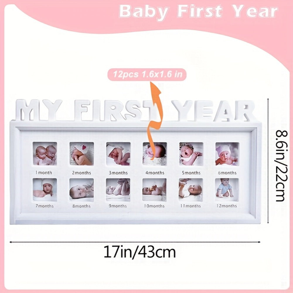Baby First Year Picture Frame Newborn Memory Keepsake - White Photo Frame Gift for New Mom with Milestone Display, 17.32x9.06 Inch Nursery Wall Decor for Baby Shower First Birthday Gifts