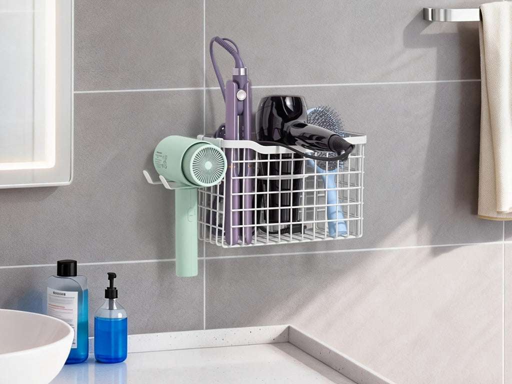 Hair Tool Organizer Wall Mounted Holder for Hair Dryer Curling Iron Straightener 3 Adjustable Heights Bathroom Storage