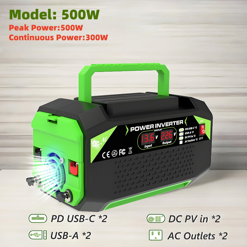 Power Inverter 500W/1000W DC 12V to AC 110V - Car Power Converter with LCD Display, 2 AC Outlets, 2 USB Ports & 2 Type-C, for Home, Car, RV, Camping & Outdoor Emergency Power