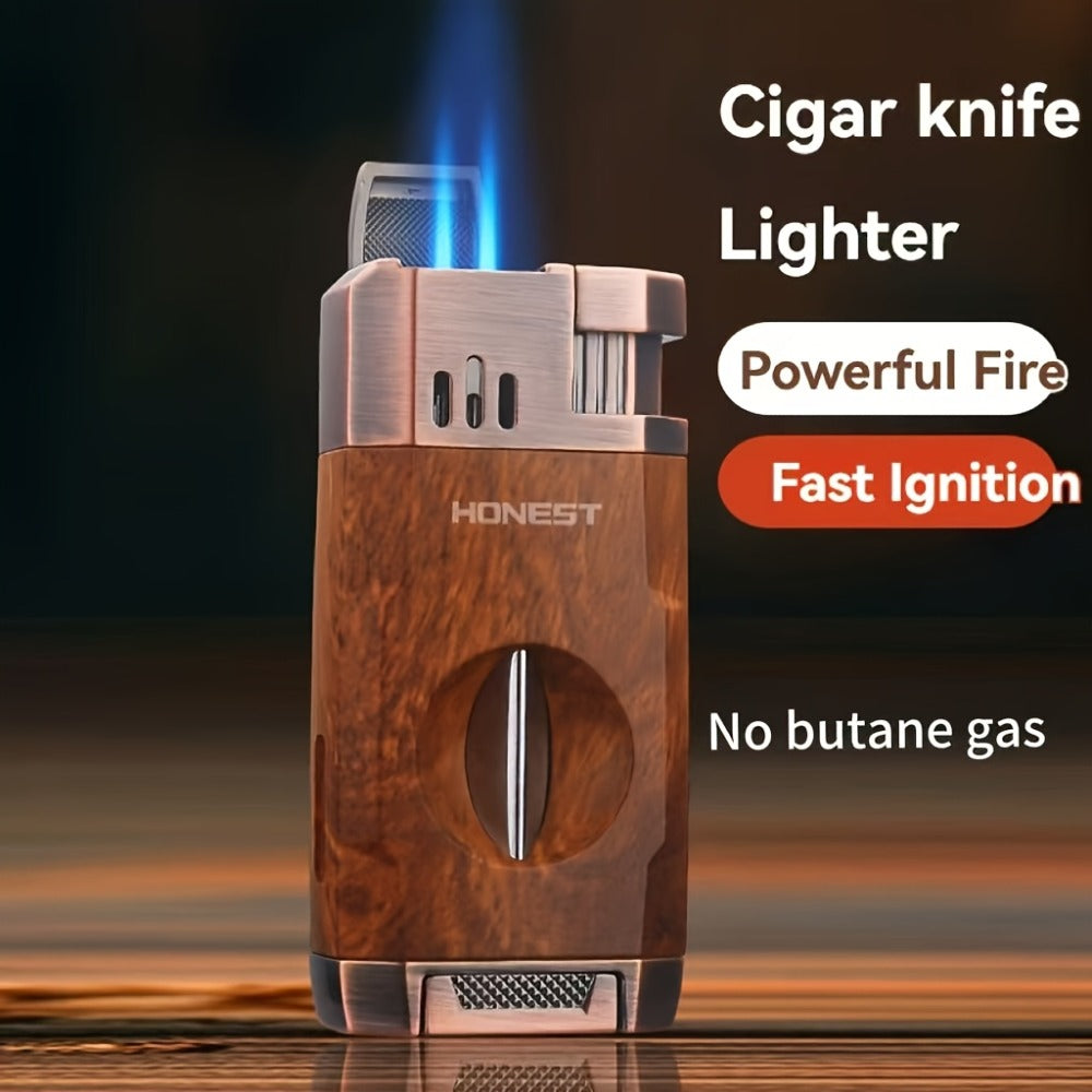 Cigar Torch Lighter with V-Shaped Cigar Cutter Built-in Clip Dual Windproof Jet Flame Visible Gas Window Integrated Cigar Lighter for Men Butane Gas Not Included