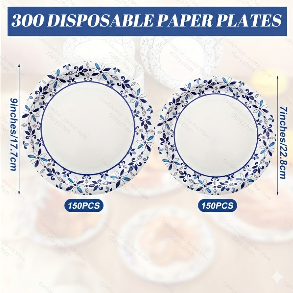 Disposable Paper Plates 300 Pack 9 Inch Heavy Duty & 7 Inch Soak Proof Leaf Print for Party Family Gatherings Everyday Use