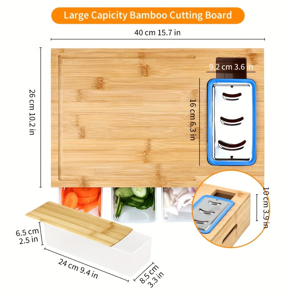 Bamboo Cutting Board with Food Container, Cheese Grater & Juice Groove - Large Wooden Chopping Board Set with Storage Box, Drain Tank for Vegetables Meat Cheese, Kitchen Prep Board with Hand Grip