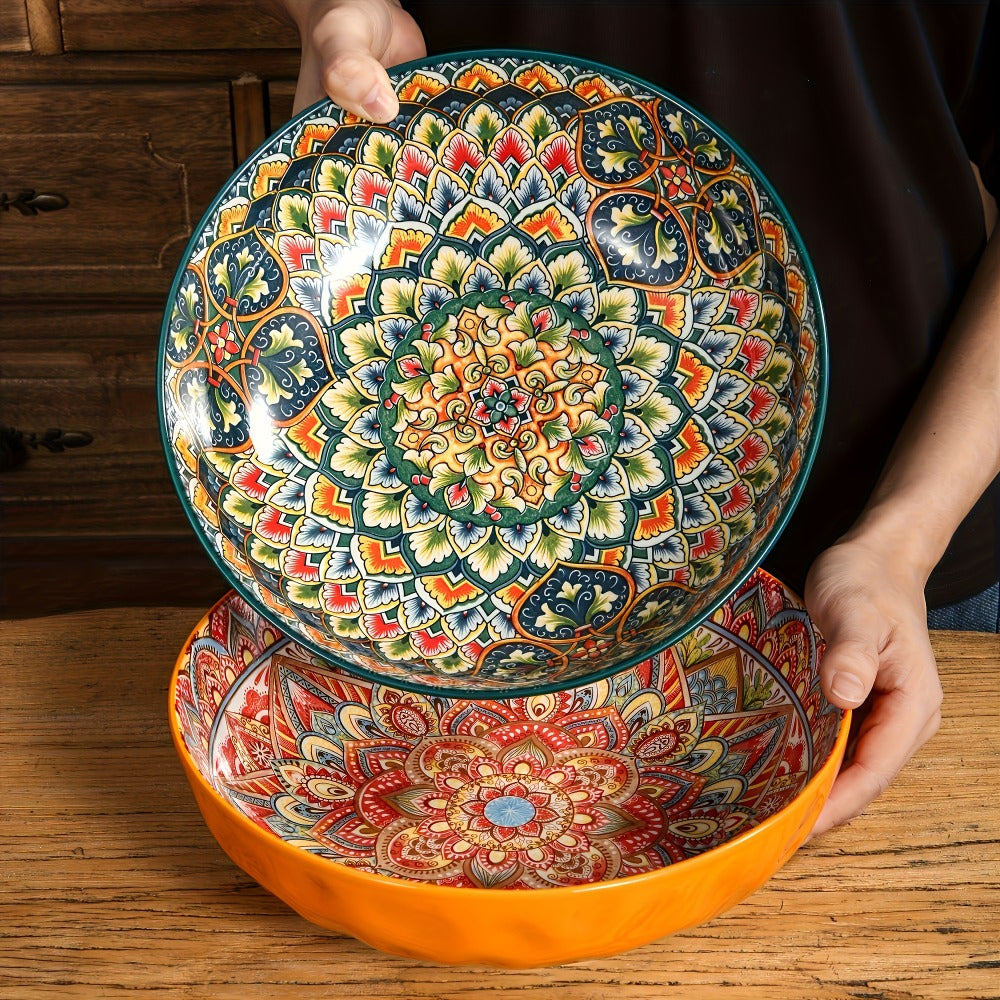 Ceramic Soup Bowl Set 2pcs Bohemian Floral Hand-Painted 25.8cm Microwave Safe Vintage Tableware for Cooking Dining Gift