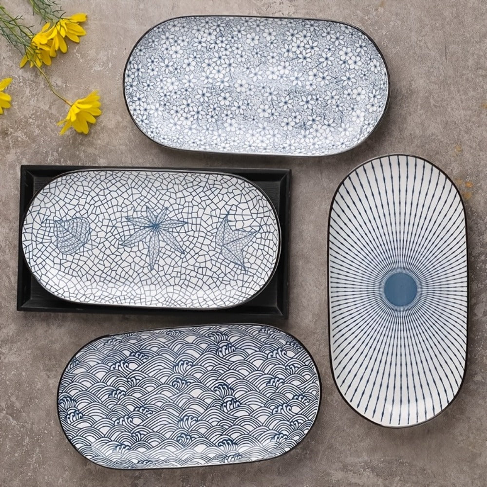 Japanese Blue White Porcelain Fish Plates Set of 4 ¨C 12 Inch Ceramic Serving Plates, Microwave & Oven Safe Steaming Baking Tableware
