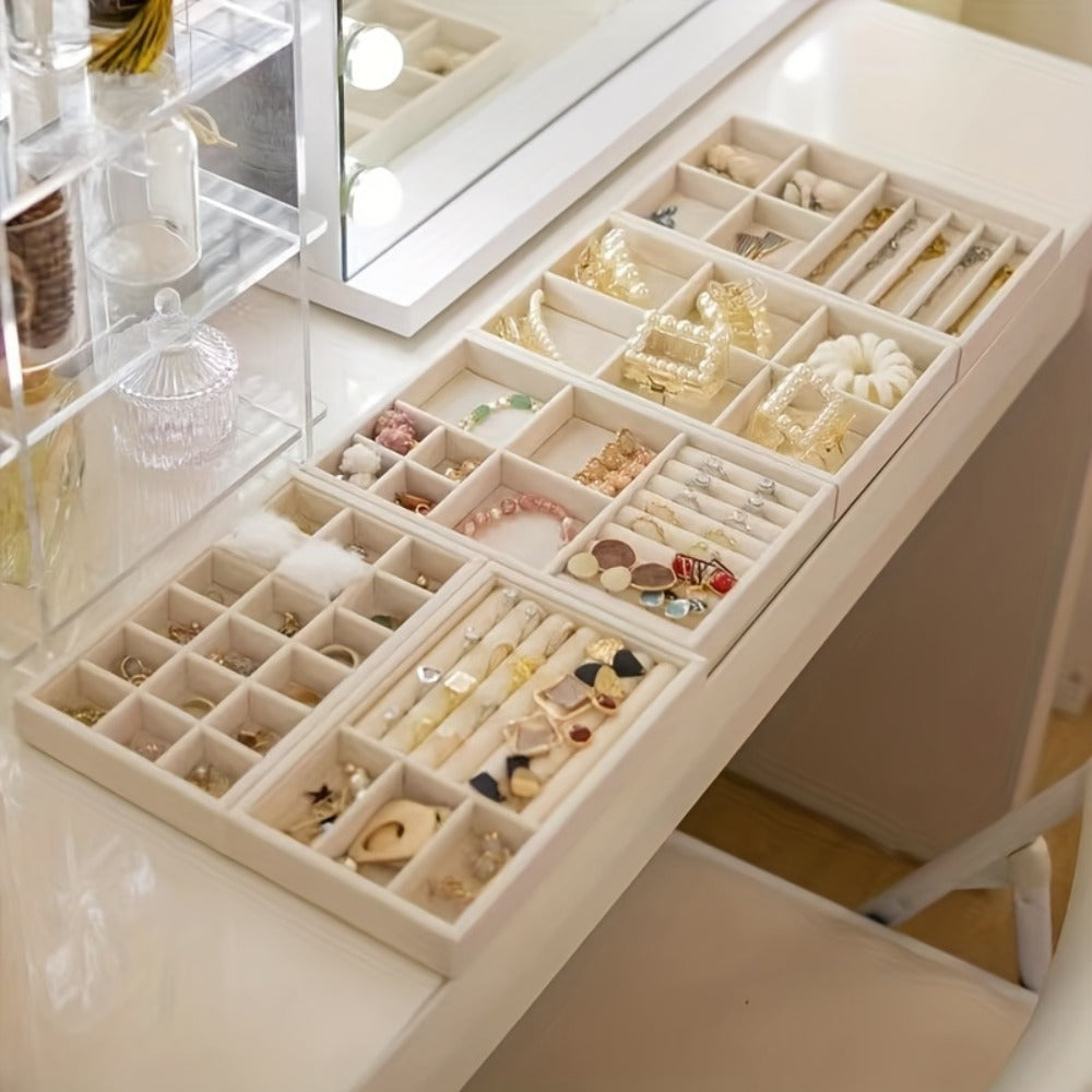 Stackable Jewelry Organizer Trays 6-Piece Set ¨C Rectangular Multi-Compartment Drawer Inserts with Removable Dividers for Earrings, Rings, Necklaces & Bracelets ¨C Tabletop Jewelry Display Case Storage