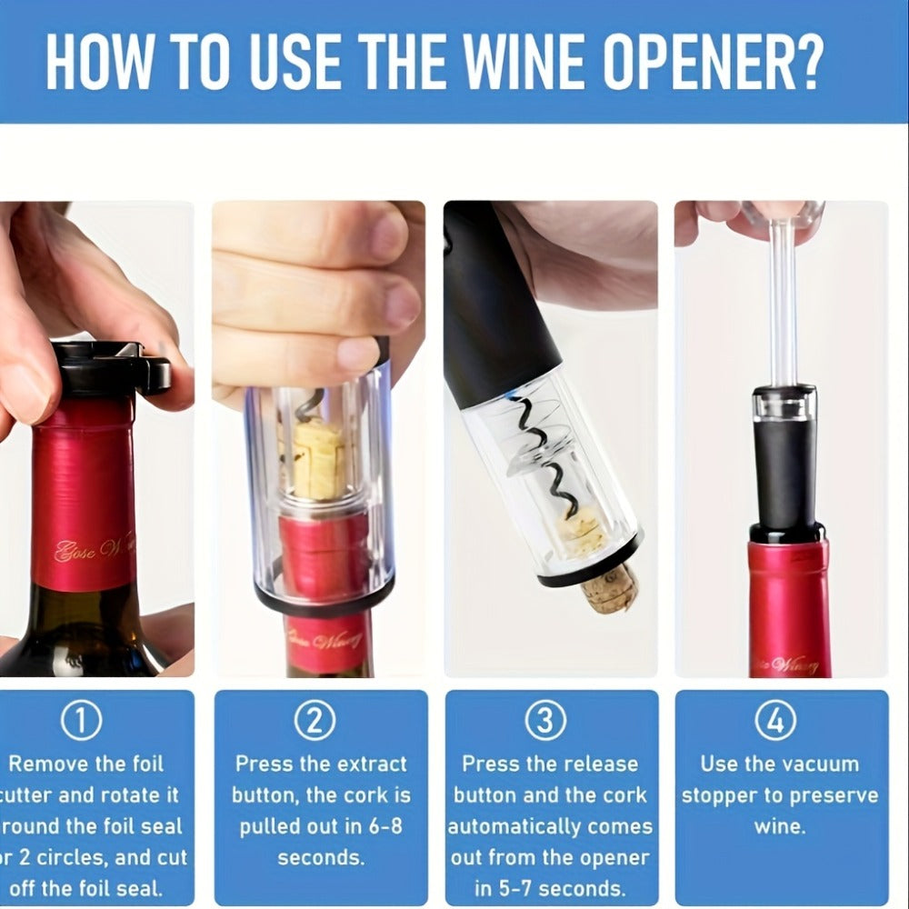 Electric Wine Opener Set 4-in-1 Rechargeable - USB-C Automatic Corkscrew with Blue LED, Vacuum Stopper, Wine Pourer & Foil Cutter - Complete Wine Accessories Gift Set for Home Bar, Parties & Weddings