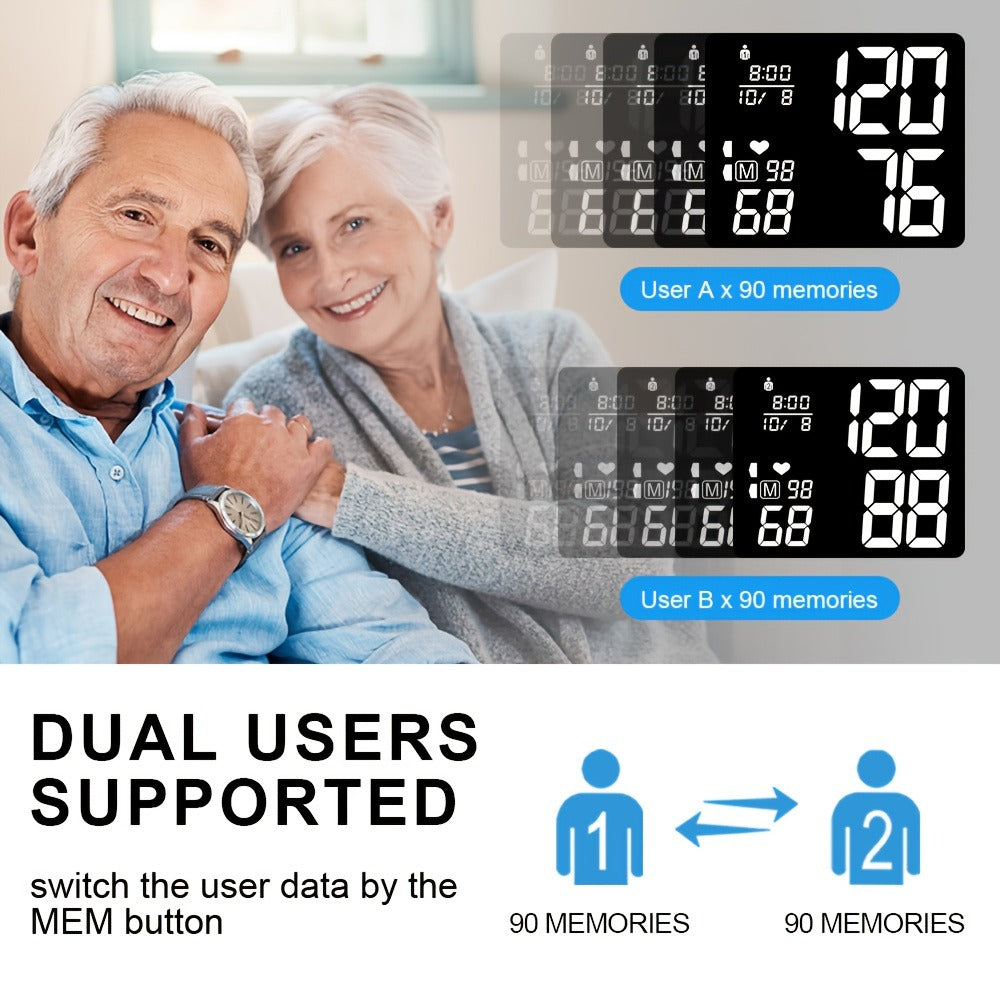 Blood Pressure Monitor Upper Arm Wrist Digital BP Machine LCD Backlit Display 2x90 Memory Arrhythmia Detection Home Use Portable Accurate Heart Rate Monitor with Adult Cuff 5.3-8.4 Inch