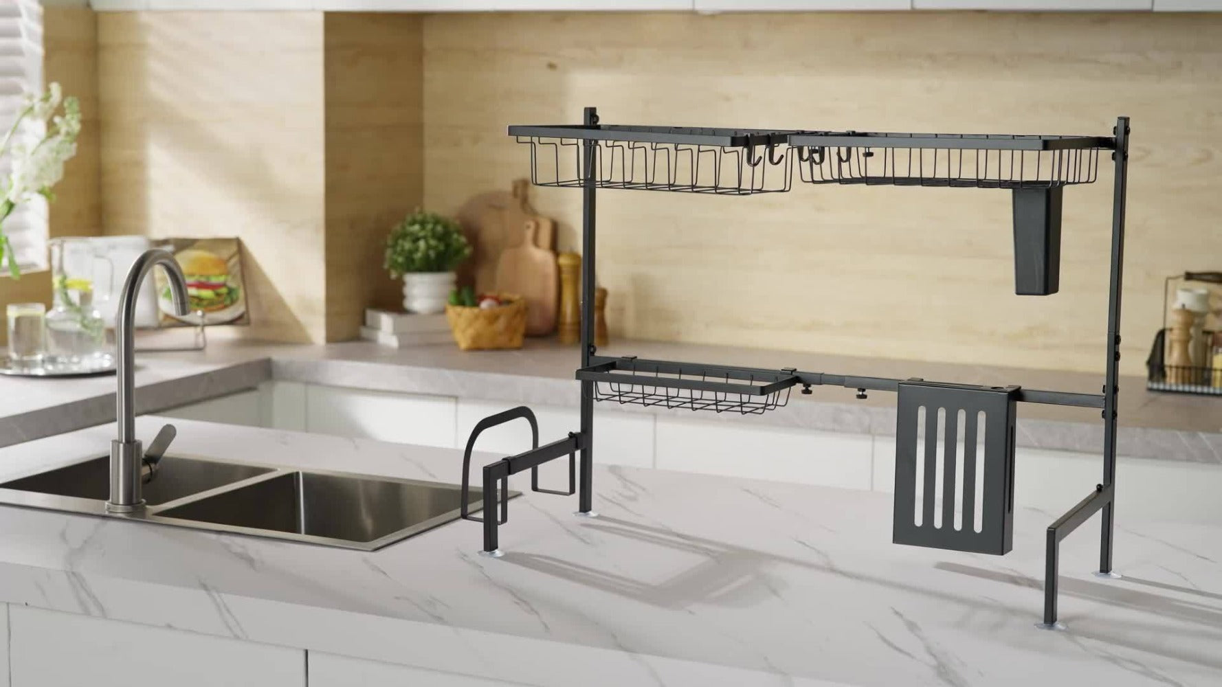 Over-the-Sink Dish Drying Rack Expandable 2-Tier 304 Stainless Steel Adjustable 30-34 Inch with Utensil Holder Knife Holder Cutting Board Holder and 5 Hooks for Kitchen