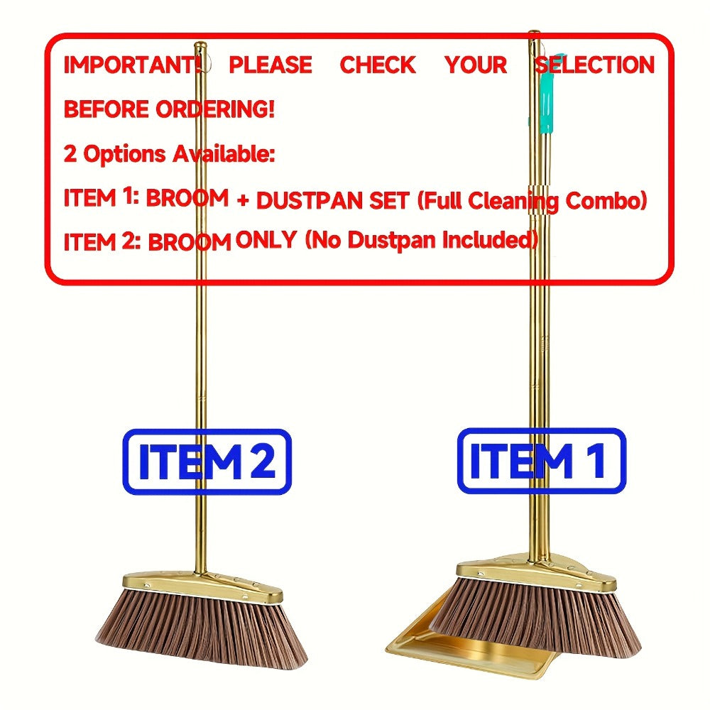 Broom and Dustpan Set Premium Golden Stainless Steel Extra Long Handle Microfiber Bristles V-Shape Leakproof Dustpan Heavy Duty Indoor Outdoor Sweeper for Kitchen Patio Hardwood Tile Floor