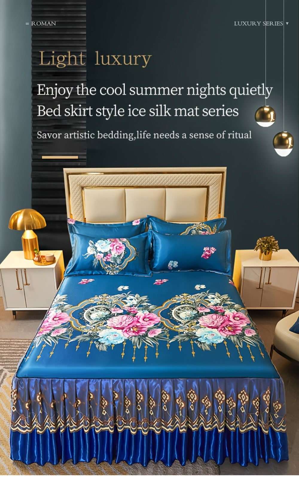 Floral Ruffle Bed Skirt Cool Mat 3 Piece Set with Pillowcase, Double Layer 360¡ã Full Wrap Washable Cooling Mattress Cover, Breathable Summer Bedding Set for Twin Full Queen King, Parisian Romantic Floral