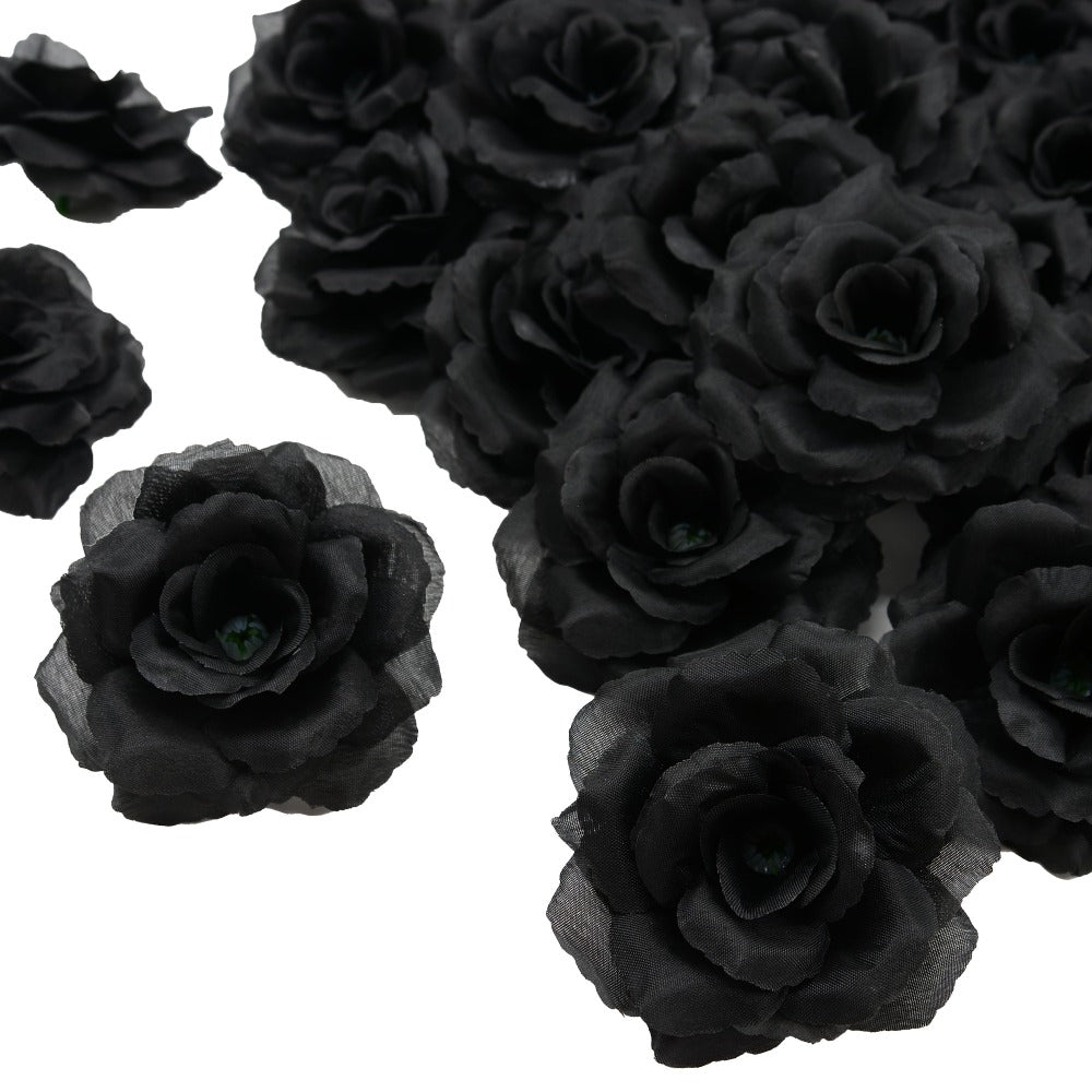 Silk Artificial Roses 50pcs with Stems | 3 Inch Flower Head Detachable DIY Fake Roses | Wedding Bouquet Valentine's Day Home Decor in Black Red Wine Red