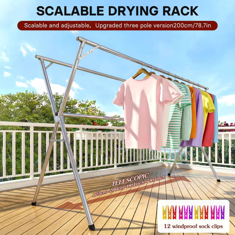 Clothes Drying Rack Collapsible Freestanding, Heavy Duty Stainless Steel Laundry Drying Rack Indoor Outdoor, Adjustable Garment Rack 63¡± & 79¡± with Clips