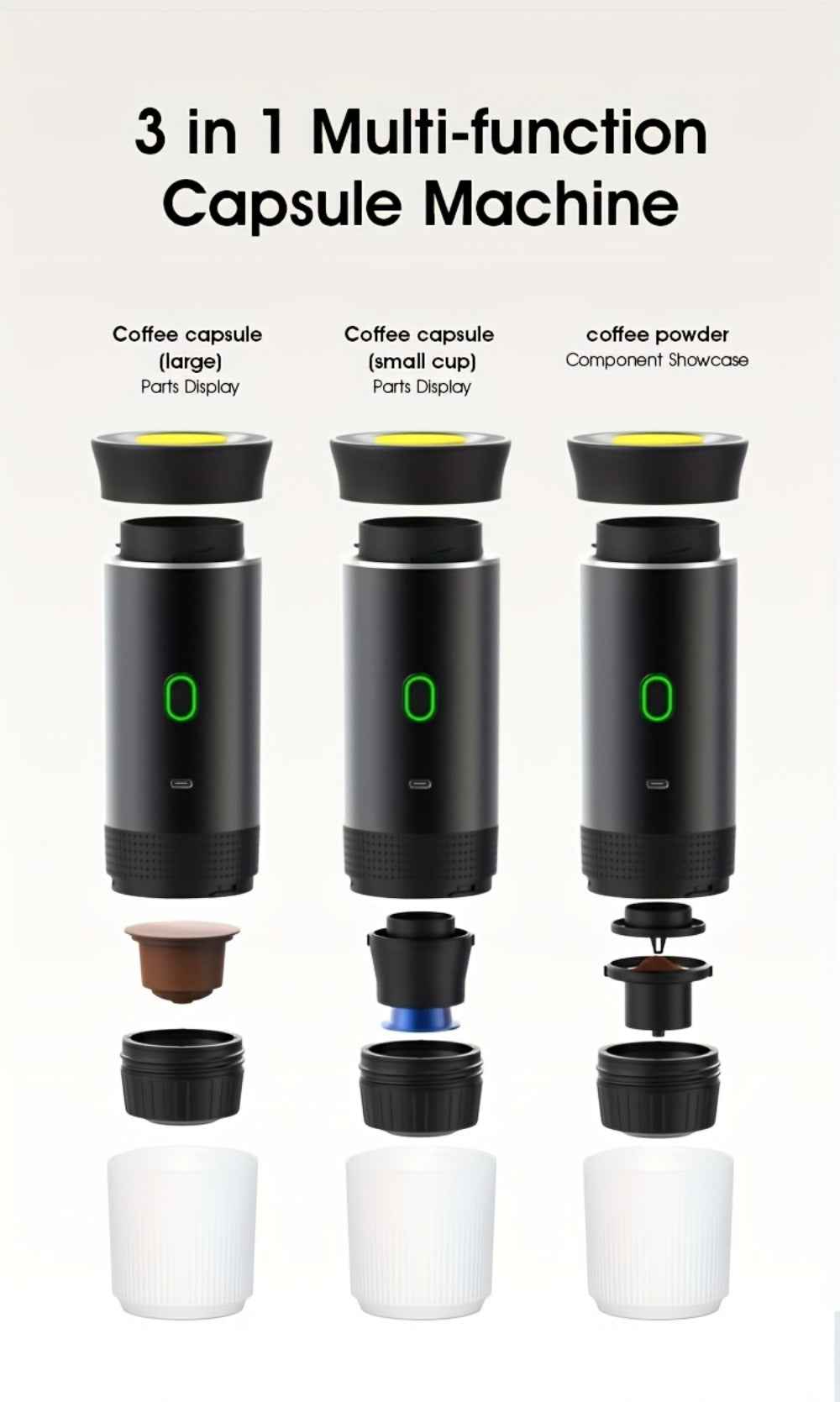 Portable Capsule Coffee Machine USB Rechargeable One-Touch Brewing Compact Automatic Espresso Maker for Travel Office Dorm Room Under 1L Stylish Transparent Design for Coffee Lovers Black White