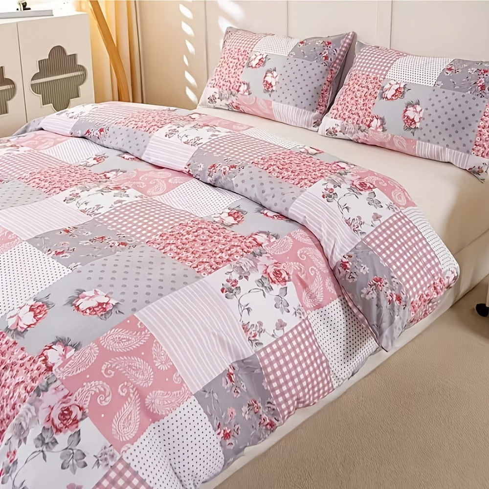 Floral Duvet Cover Set 3 Piece - Zipper Closure Patchwork Comforter Cover with 2 Pillowcases, All-Season Lightweight Kids Bedding Set, Pastoral Flower Plaid Print, Twin Full Queen King