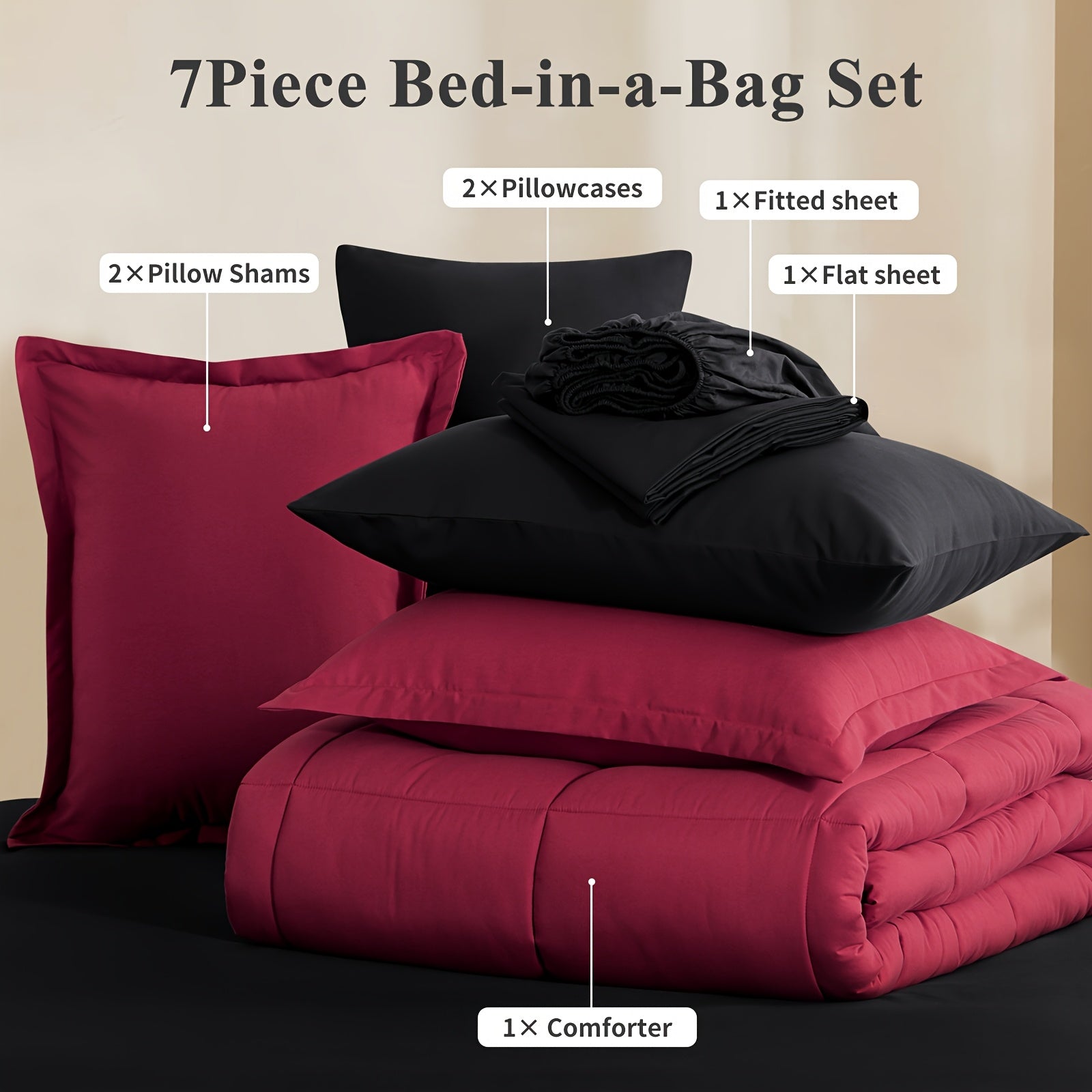 7 Piece Comforter Set Luxury Soft Fluffy Bedding All Season Bed in a Bag with Comforter Fitted Sheet Flat Sheet Pillowcases Hypoallergenic Breathable Easy Care Queen King Twin XL Full