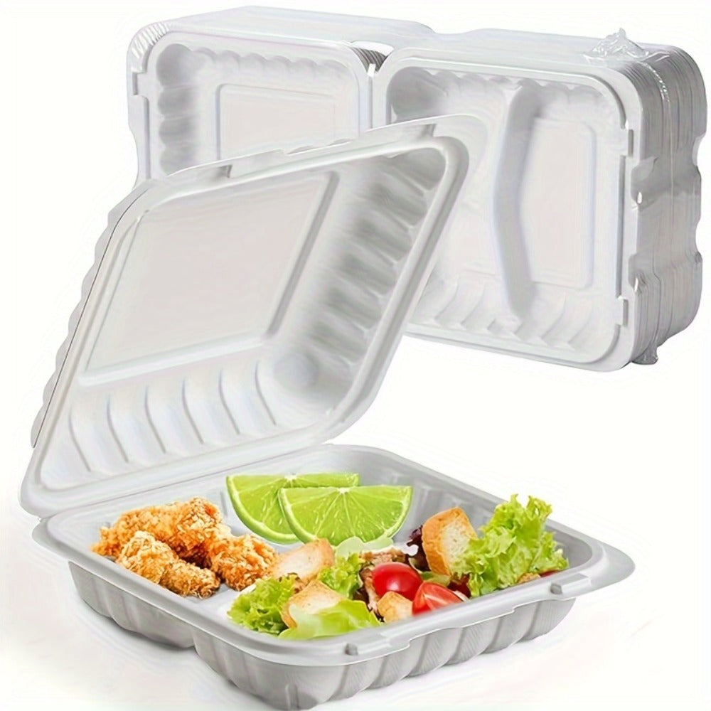 Disposable Food Containers Take Out Boxes with Lids - 7¡± 8¡± 9¡± Plastic Clamshell Meal Prep Containers BPA Free 1 & 3 Compartment Heavy Duty Reusable White