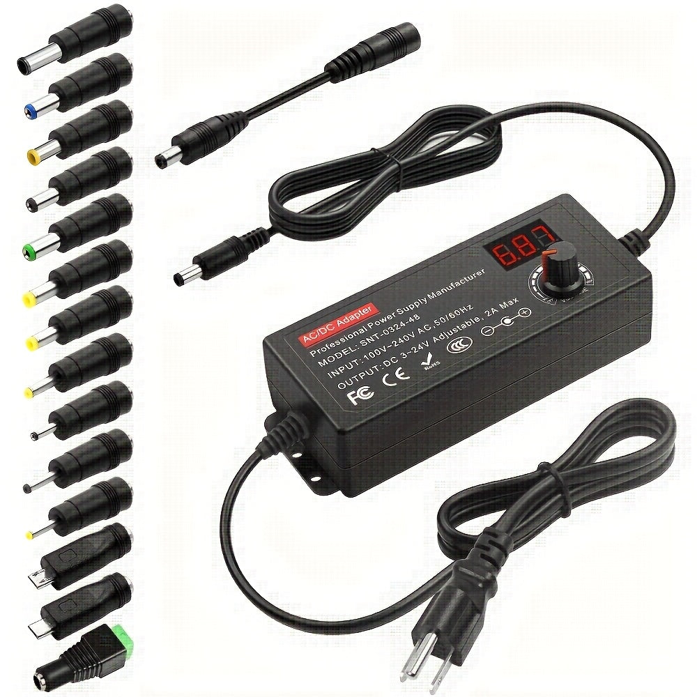 AC to DC Power Adapter 48W Adjustable 4-24V - LCD Voltage Display, Knob Control, 15 Interchangeable Tips & Polarity Converter, Overvoltage & Short Circuit Protection, 100-240V Universal Input