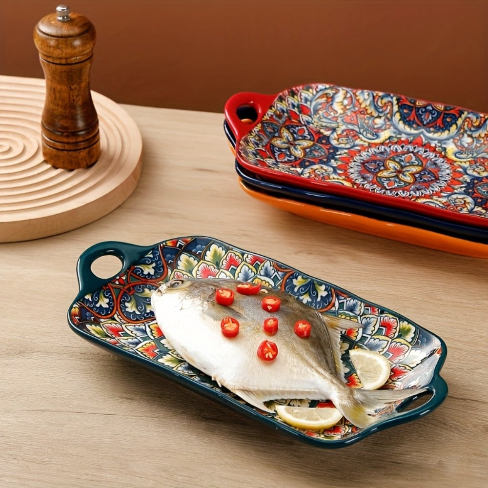 Ceramic Serving Platter Set of 4, Bohemian Rectangular Fish Dish with Double Handles, Baking Tray for Sushi Pasta Desserts Salads Fruits, Ideal for Family Gatherings Picnics Restaurants