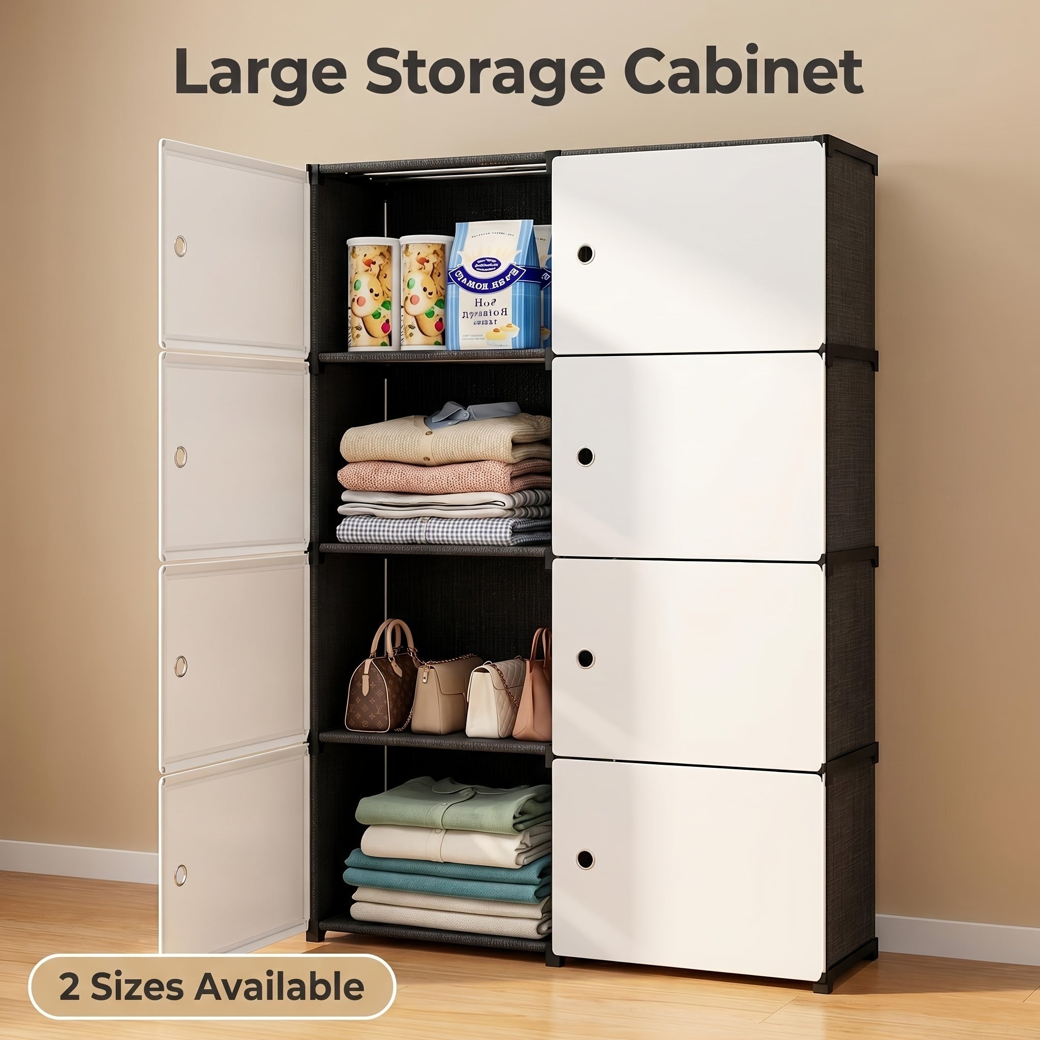 Modular Storage Cabinet with Magnetic Door, 3-Tier & 4-Tier Closet Organizer, Large Capacity Wardrobe Storage Unit, Dust-Proof Odor-Free Stackable Shelves, Easy Assembly for Bedroom Dorm Apartment Living Room