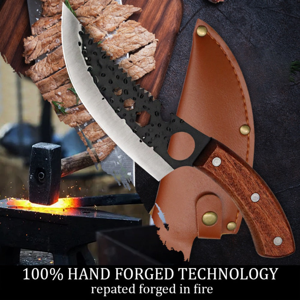 Viking Chef Knife Set 3/4pcs Hammered Stainless Steel Kitchen Knives ¨C Boning, Utility & BBQ Knife with Wooden Handle for Cooking, Camping & Outdoor