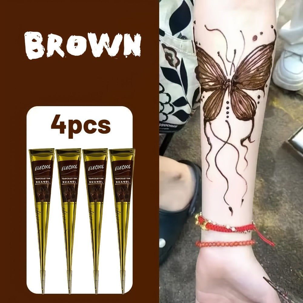 Temporary Semi-Permanent Tattoo Paste Kit - Waterproof Body Art Gel in Brown & Black with Tattoo Templates, Safe Non-Irritating Henna-Style Ink for Parties, Festivals, Cosplay & Daily Decoration