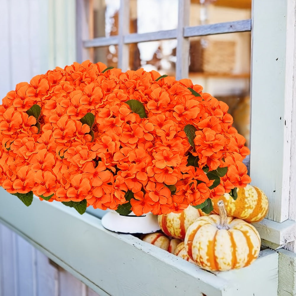 Artificial Flowers Outdoor UV Resistant - Geranium Hydrangea Rose Marigold Faux Silk Flowers for Garden Patio Home Table Centerpiece Decor, 8/16 Bundles, 13.77 Inch